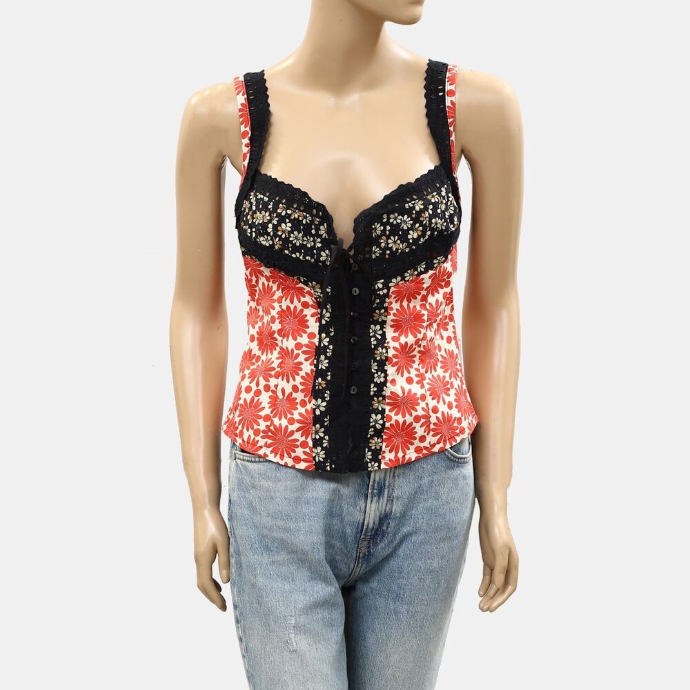 Free People Love Me Not Printed Tank Top Floral Printed Lace Cotton XS 286996